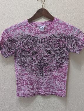 Pink And White Affliction Forgotten burnout Crop Skulls T-shirt. Size Medium